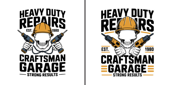 Vintage skull logo design with hard hat and power drills