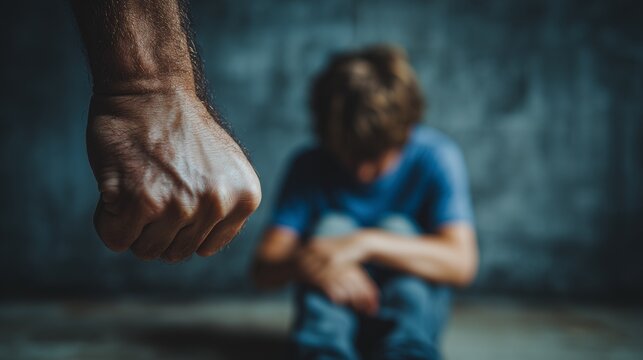 Adult male fist confronting a frightened, vulnerable child cowering in a dark room, illustrating concepts of violence, child abuse, domestic struggle, and protection issues