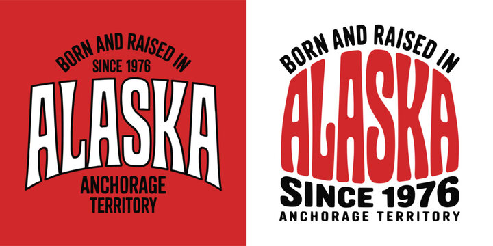 Two vintage style Alaska typography graphic designs on red backgrounds
