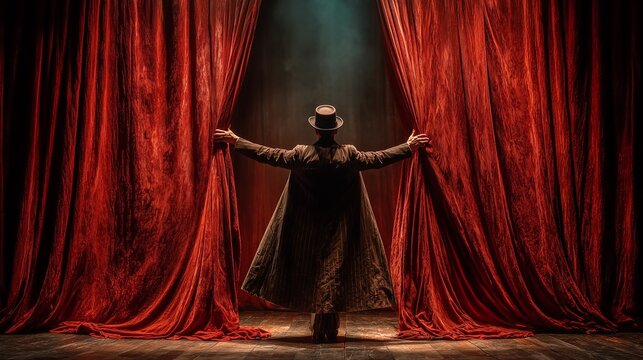 Performer standing on a stage, pulling back rich red velvet theater curtains, revealing a dramatic spotlight and preparing for a show or grand announcement