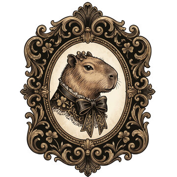 Realistic portrait of a capybara wearing a lace collar and black bow inside an ornate vintage baroque golden frame, isolated on white background, luxury animal oil painting style art graphic
