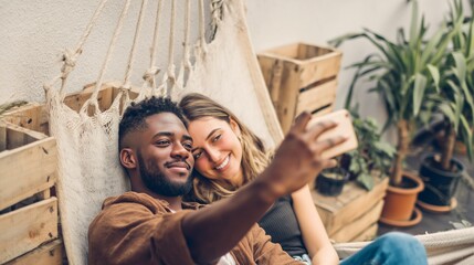 Obraz premium Happy interracial couple relaxing on a terrace, enjoying romantic moments together, taking a selfie with a smartphone in a casual outdoor setting