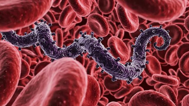 Microscopic view of ebola virus disease floating among blood cells