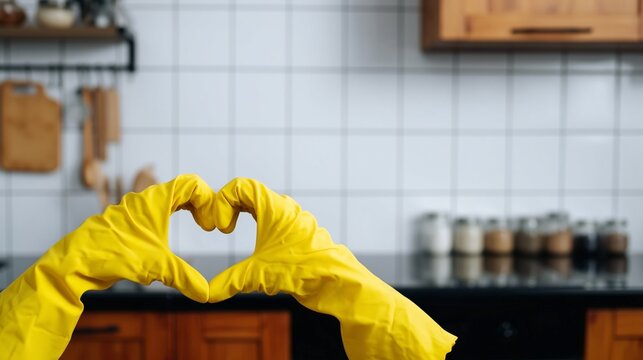 Hands wearing yellow rubber gloves forming a heart shape, symbolizing love for home, appreciating daily chores and cleanliness in a bright, modern kitchen interior