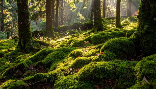 Dense forest floor covered in vibrant green moss and ferns.