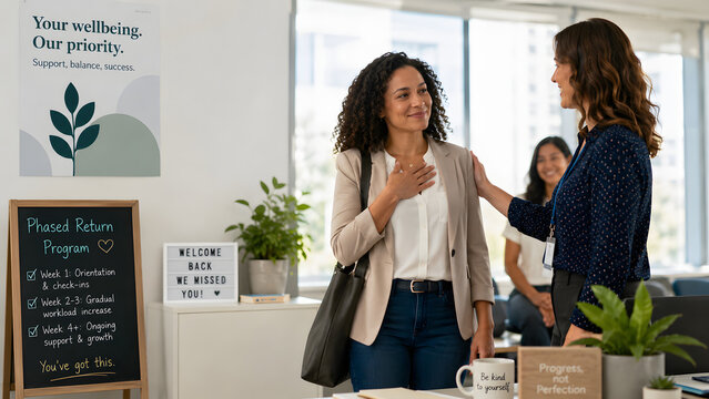 Professional woman returning to work after burnout recovery with support