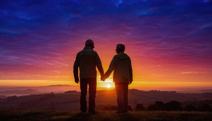 Fototapeta premium Senior couple holding hands at sunrise over rolling countryside landscape