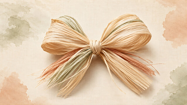 Decorative raffia bow with pastel watercolor texture background