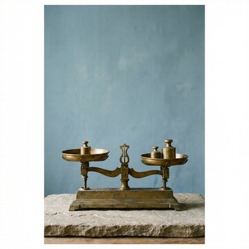 Antique Brass Balance Scale With Weights on Stone Surface