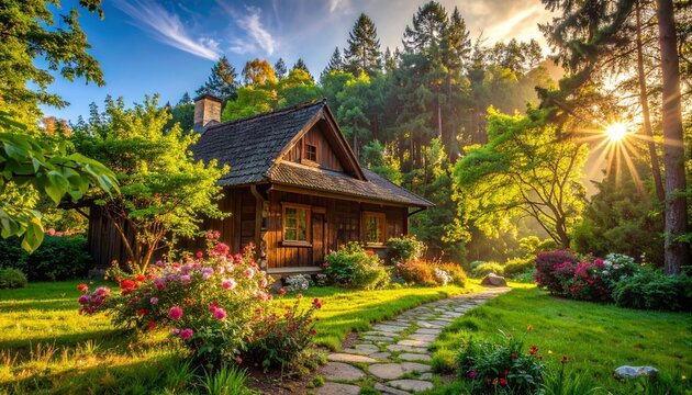 Serene forest cabin nestled in autumn woods with sunlight.