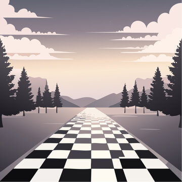 Paysage onirique, route avec un motif en damier noir et blanc,  traversant un paysage stylis&eacute; avec arbres et montagnes, teintes violettes, grises