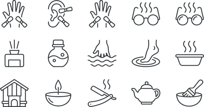 Spa Therapy and Traditional Wellness Line Icon Set Featuring Acupuncture Footbath and Relaxation Symbols