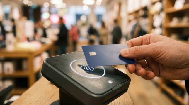 Hand places card near contactless reader in busy store during afternoon shopping time