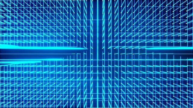 Futuristic blue light patterns in dynamic digital grid sequence
