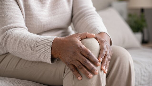 Elderly African American woman experiencing knee pain, hands touching knee at home