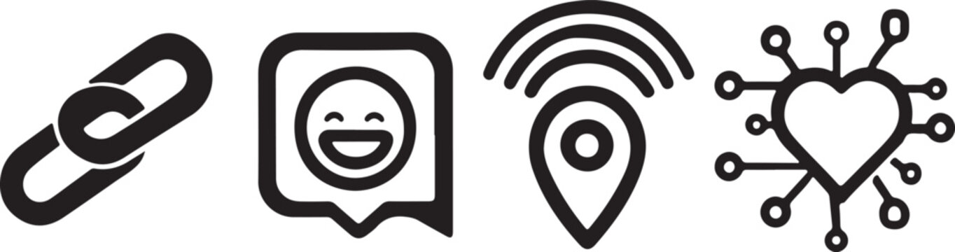 Set of four flat design icons featuring link, chat, wifi, and network heart
