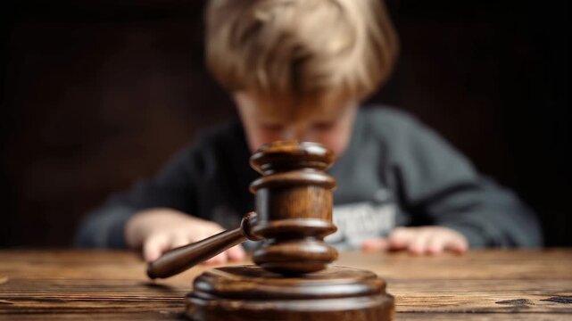 Young child looks at gavel on wooden table in a setting that suggests a courtroom scenario during a focused moment
