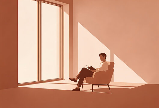 Man Reading in Armchair Near Large Window With Sunlit Interior Illustration