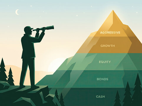 Investor Viewing Layered Investment Pyramid on Mountain Landscape Illustration