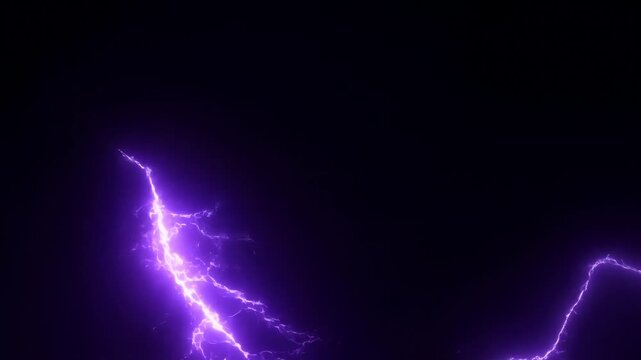 Dramatic purple lightning bolt splits the dark night sky in stunning high definition