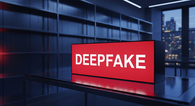 Deepfake warning sign on office desk, artificial intelligence manipulation concept, red glowing lightbox with deepfake text in dark room