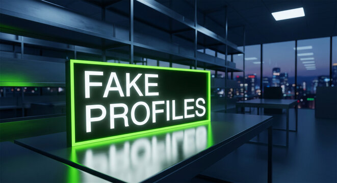 Fake profiles warning. Online deception and impersonation concept. Modern office interior with glowing sign.