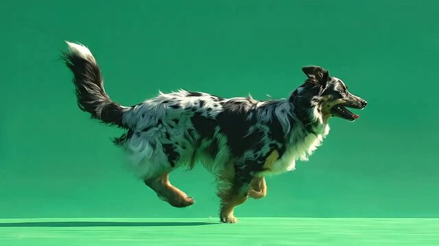 A spotted dog running fast against a solid green background