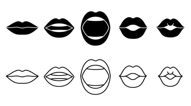Stylized Lips Silhouettes Black And White Vector Illustration Set