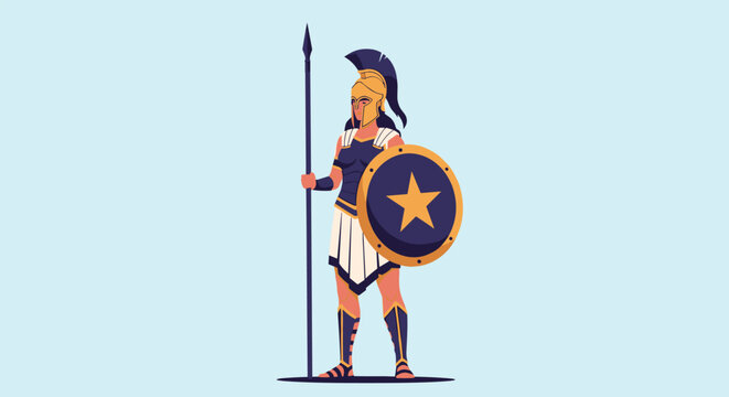 Strong female Spartan warrior wearing traditional armor and a helmet while holding a long spear and a round star shield.