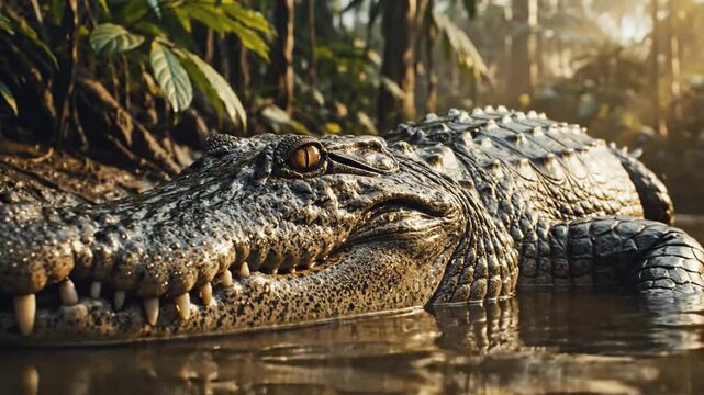Close-up portrait of a fearsome alligator lurking in murky jungle water with intense yellow eyes
