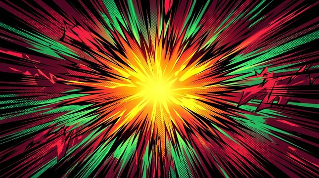 Comic book style explosion background with vibrant red and green rays