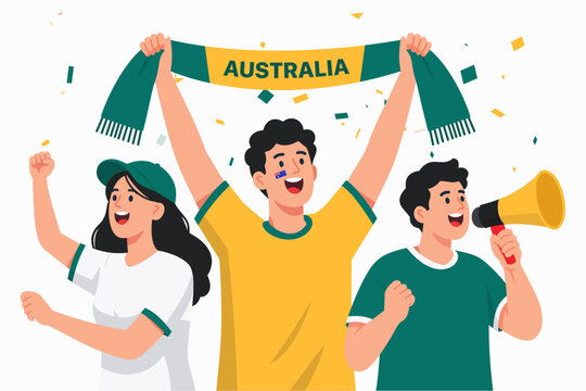 Vector illustration of enthusiastic Australian football supporters celebrating a victory with national colors, fan scarf, cheering crowd, and festive atmosphere. Ideal for soccer tournaments, champion