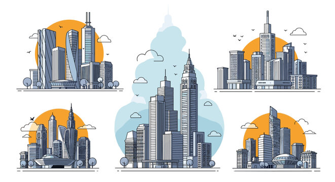 Series of stylized urban landscapes featuring high rise skyscrapers and city skylines under a bright orange setting sun.