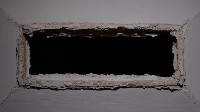 Panning shot of rectangular hole in drywall revealing dark interior cavity during indoor wall inspection and renovation work