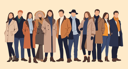 Obraz premium Group of fashionable people dressed in various stylish winter coats and trendy seasonal outfits standing together on a plain background.
