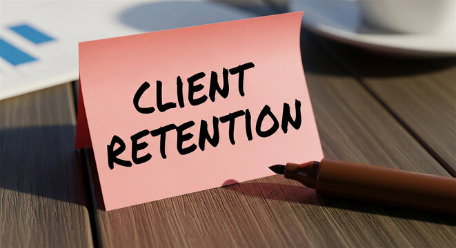 Client Retention text on pink sticky note, business strategy reminder on office desk, customer loyalty concept for marketing and sales