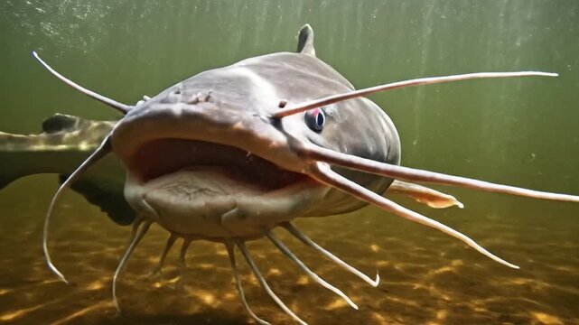 Close-up portrait of a large catfish swimming in murky underwater river depths, showcasing its whiskers and open mouth