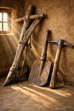 "Traditional ancient Indian wooden plow and manual farming tools leaning against a mud wall inside a rustic village hut. Authentic agricultural heritage and rural lifestyle photography."