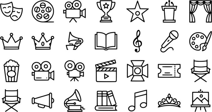 Entertainment and arts icon set featuring cinema, theater, music, and performance elements in a modern line art style.