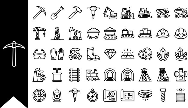 Set of mining and construction industry icons featuring heavy machinery, excavation tools and safety gear