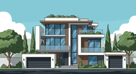 Obraz premium Modern luxury villa with multiple levels, extensive glass windows, green terraces, and a clean architectural design under a blue sky.