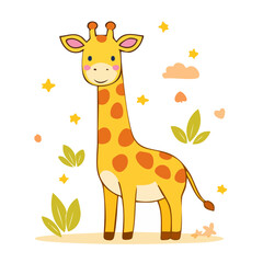 Obraz premium Cute cartoon giraffe with leaves and stars