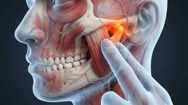 Anatomy illustration of TMJ pain and jaw muscle inflammation