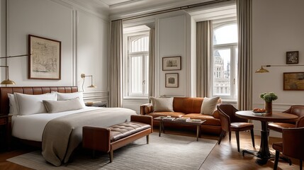 Fototapeta premium Elegant Luxury Hotel Suite with King Bed, Sofa, and Seating Area bathed in Natural Light