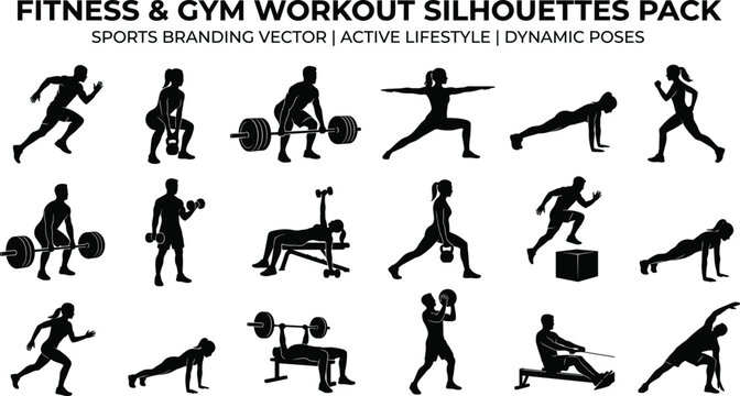 Fitness and gym workout black silhouette pack featuring athletic people bodybuilding, weightlifting, running, yoga, kettlebell training, bench press, rowing, and dynamic crossfit exercises vector.
