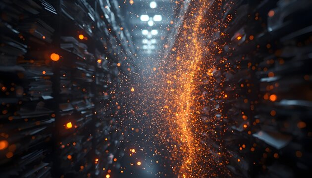 Digital transformation of documents into luminous data streams in futuristic archive