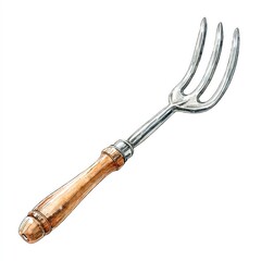 Fototapeta premium Watercolor Illustration of a Garden Fork with Wooden Handle Isolated on White Background