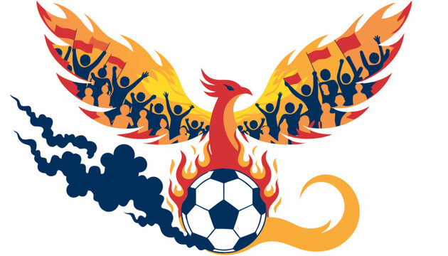  Legendary football phoenix rising from a burning soccer ball, fiery wings shaped like stadium crowds, dramatic championship atmosphere, premium sports mascot, isolated transparent background