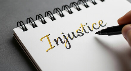 Obraz premium Injustice concept. Social justice and legal rights. Hand writing word on notepad.