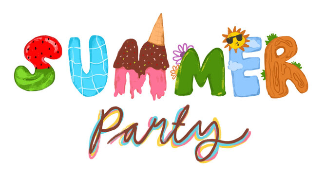 Cute handwritten Summer party season time text title watercolor crayon colorful fun colorful clipart sticker